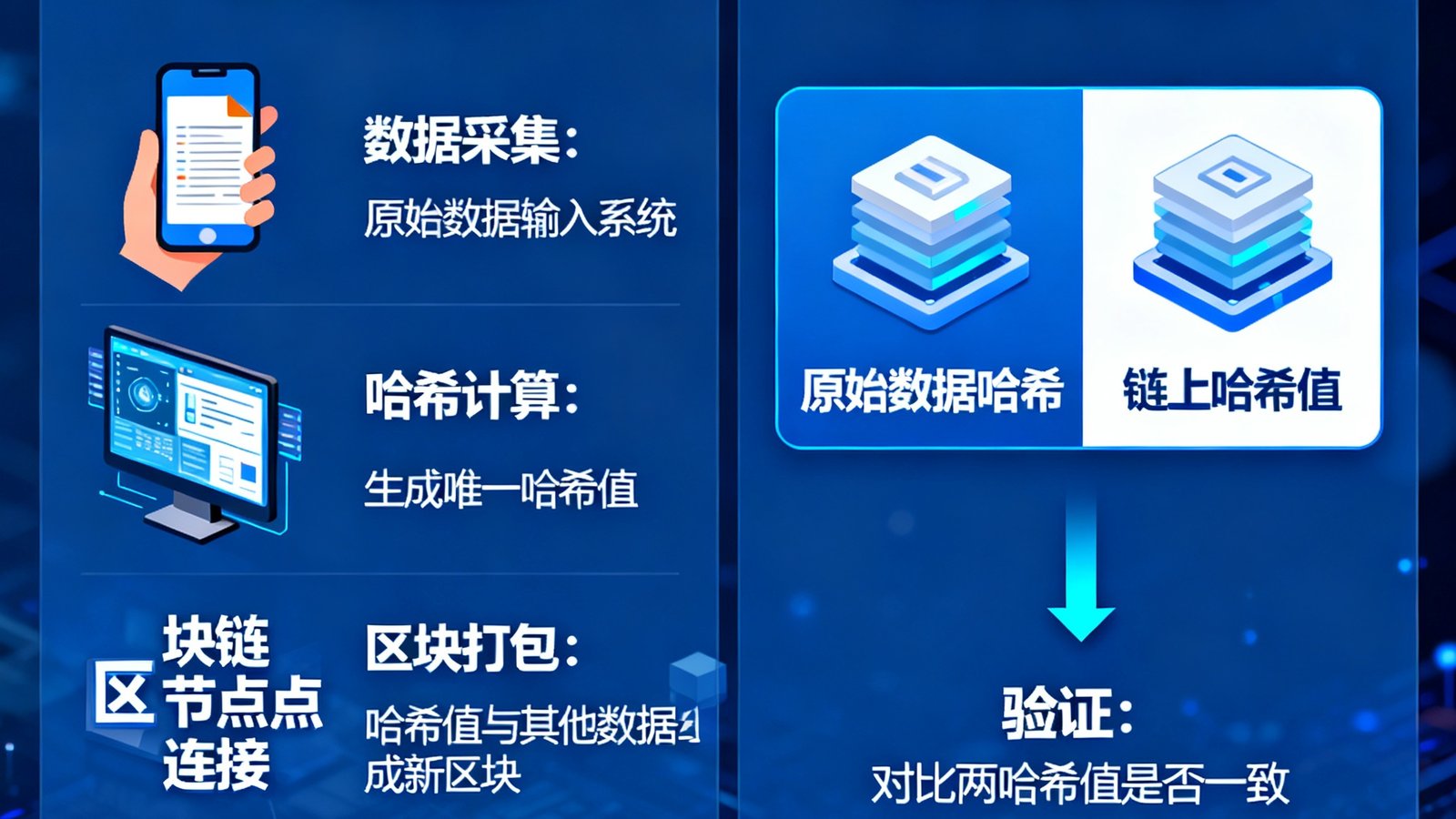区块链存证技术图解，展示数据上链流程与不可篡改的哈希值验证机制