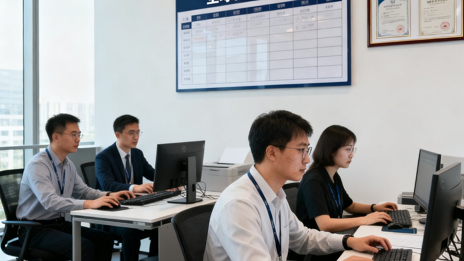 专业审核团队在现代化办公室内专注工作，墙上展示着全球赛事时间表和合规认证证书