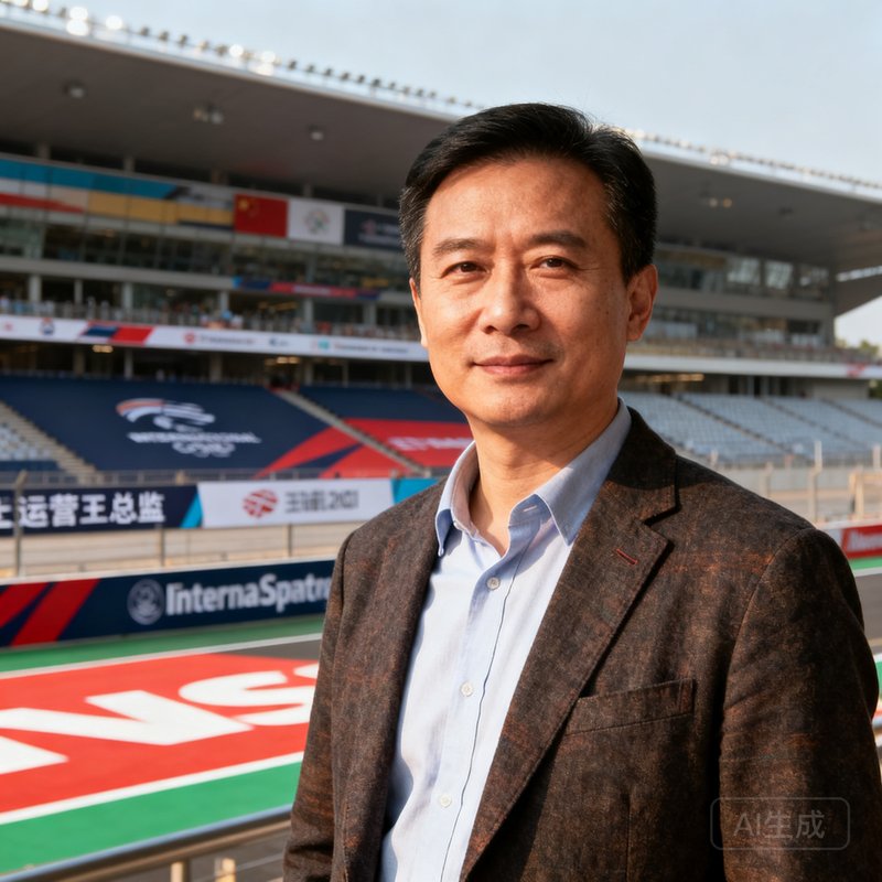 运营总监王瑞华半身肖像照，身着商务休闲装站在国际赛事场馆前